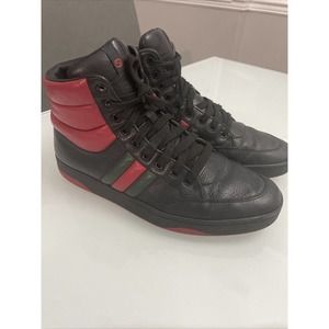 NEW GUCCI Ace Web Black Leather High Top Logo Sneakers G 8 Fits 9